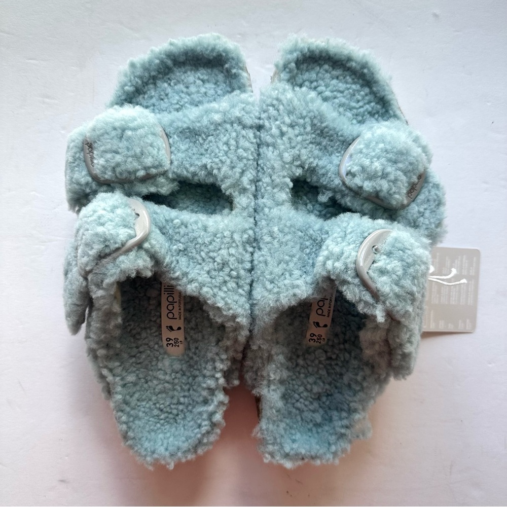 NWT Birkenstock Papillio Arizona Big Buckle Shearling fuzzy sandal blue 39/8 - Picture 3 of 16